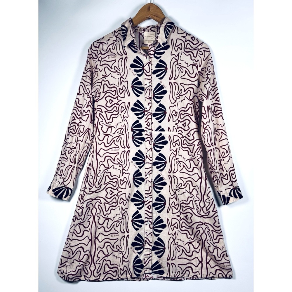Be Sunset Astrid Shirt Dress Medium Ivory Red Abstract Art Coastal Resort Boho